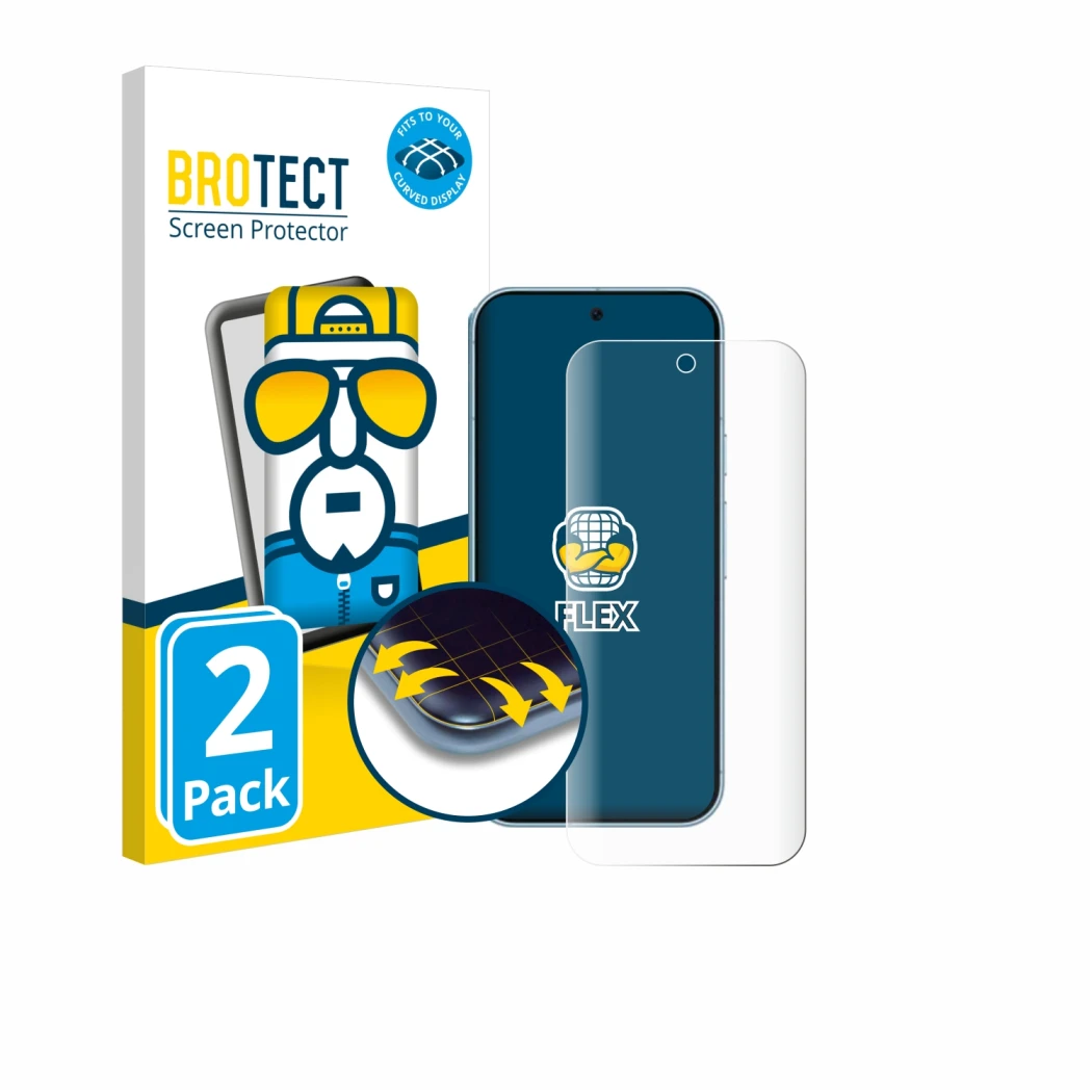 Parte frontal de un envase de producto con el logotipo de la marca BROTECT. Al lado se muestra el dispositivo Google Pixel 9 P