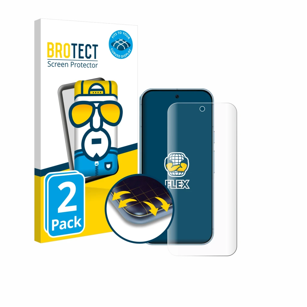 Parte frontal de un envase de producto con el logotipo de la marca BROTECT. Al lado se muestra el dispositivo Google Pixel 9 P