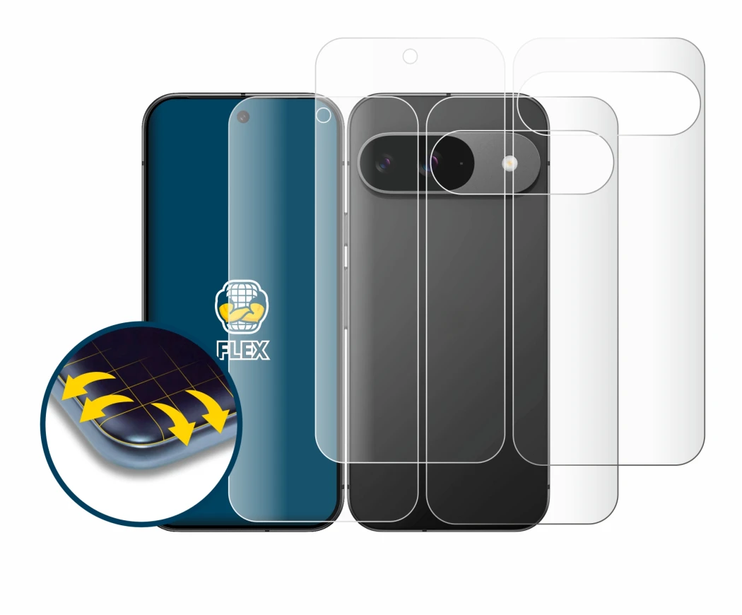 Imagen del dispositivo Google Pixel 9 (Frontal+Trasero) con una amplia variedad de protectores de pantalla.