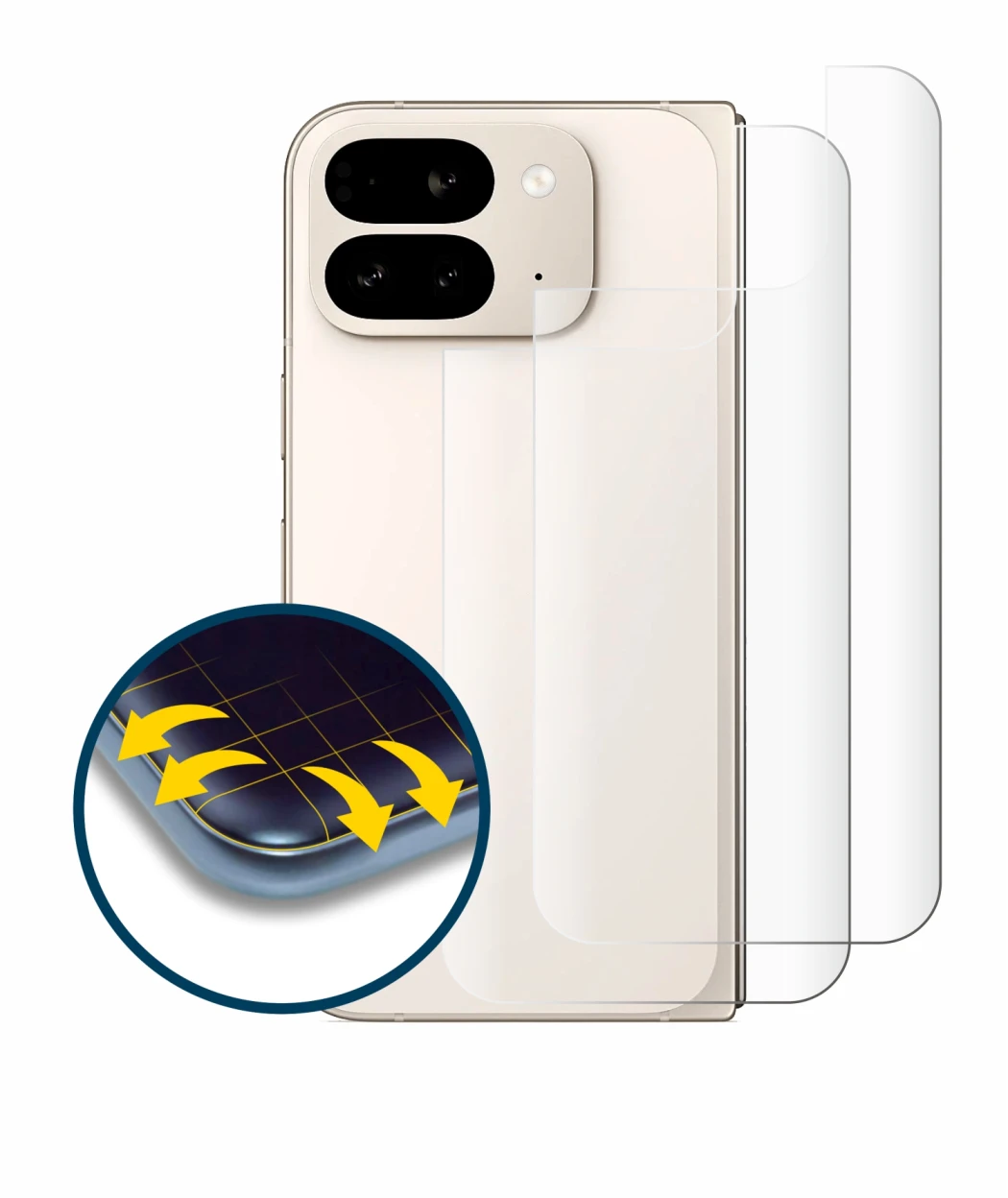 Imagen del dispositivo Google Pixel 9 Pro Fold (Trasero) con una amplia variedad de protectores de pantalla.