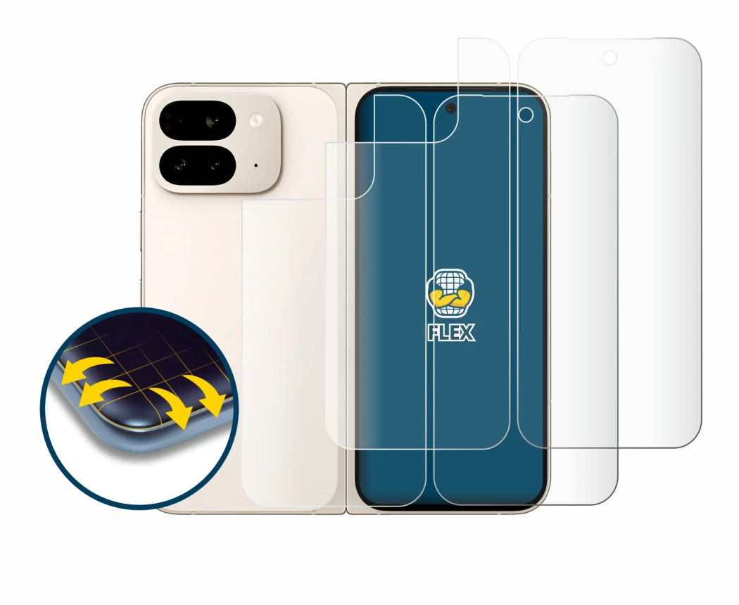 Imagen del dispositivo Google Pixel 9 Pro Fold (Frontal+Trasero) con una amplia variedad de protectores de pantalla.