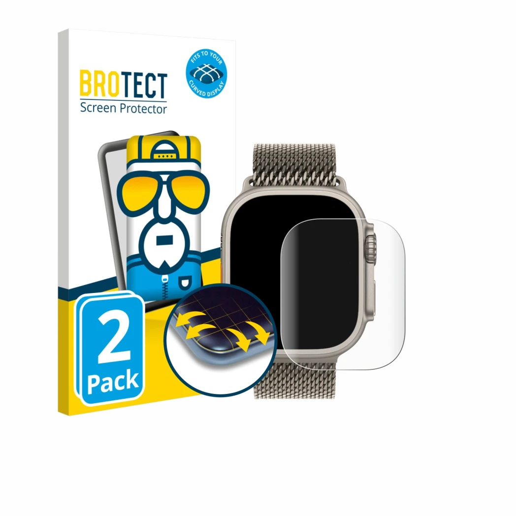Parte frontal de un envase de producto con el logotipo de la marca BROTECT. Al lado se muestra el dispositivo Apple Watch Ultr