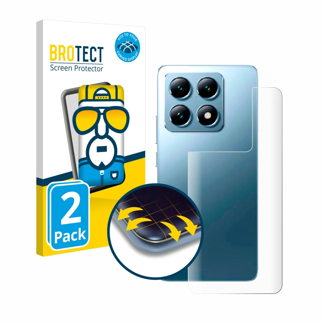 Parte frontal de un envase de producto con el logotipo de la marca BROTECT. Al lado se muestra el dispositivo Xiaomi 14T Pro (