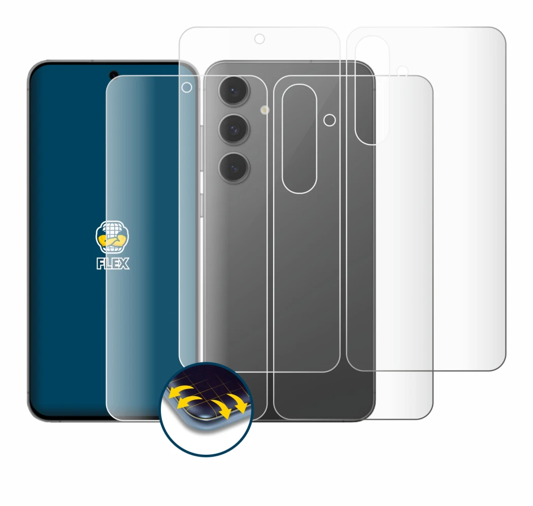 Imagen del dispositivo Samsung Galaxy S24 FE (Frontal+Trasero) con una amplia variedad de protectores de pantalla.