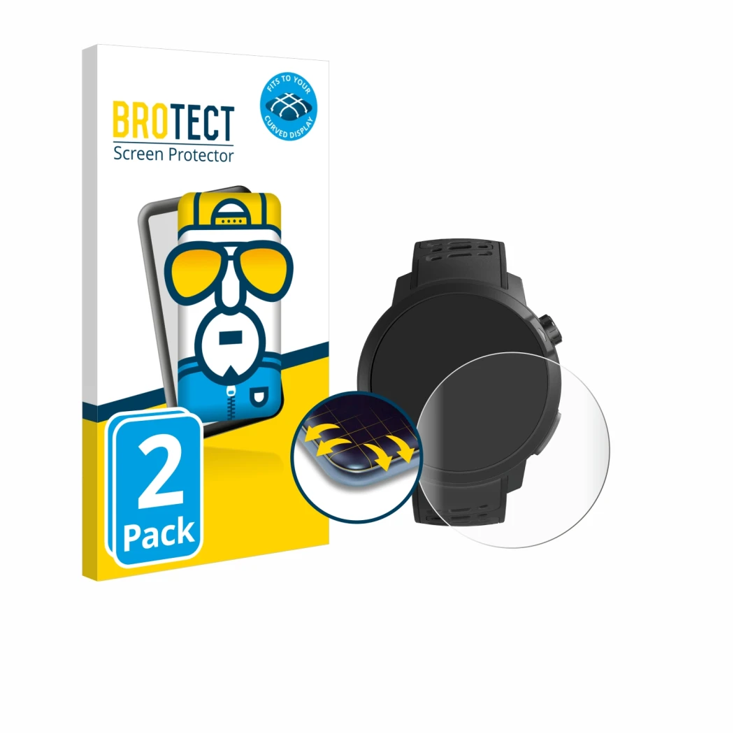 Parte frontal de un envase de producto con el logotipo de la marca BROTECT. Al lado se muestra el dispositivo Coros Pace Pro c