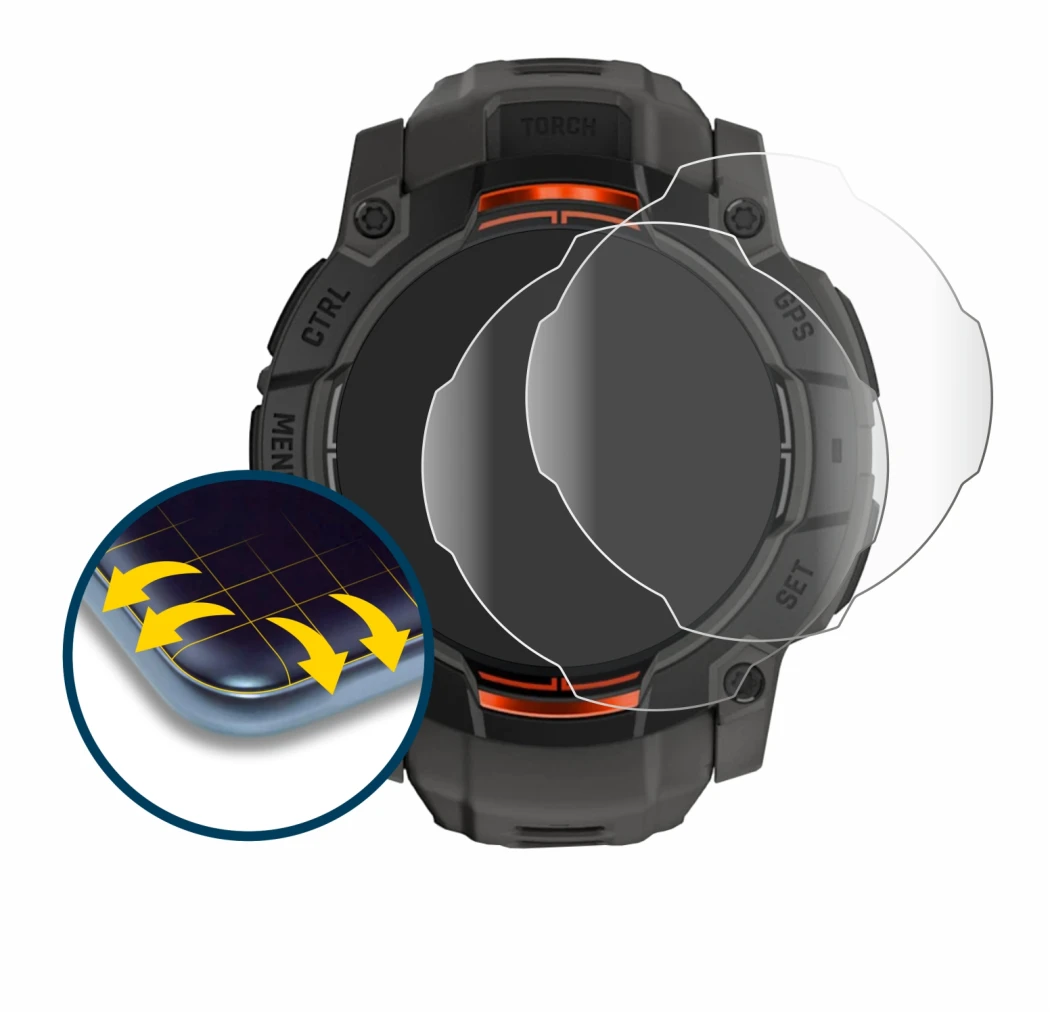 Imagen del dispositivo Garmin Instinct 3 Solar (50 mm) con una amplia variedad de protectores de pantalla.