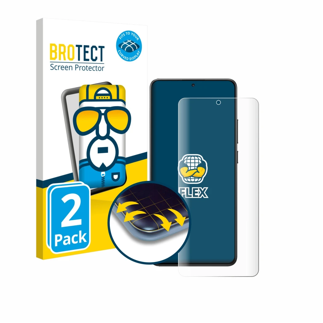 Parte frontal de un envase de producto con el logotipo de la marca BROTECT. Al lado se muestra el dispositivo Xiaomi Poco X7 P