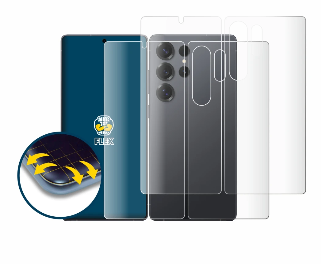 Imagen del dispositivo Samsung Galaxy S25 Ultra (Frontal+Trasero) con una amplia variedad de protectores de pantalla.