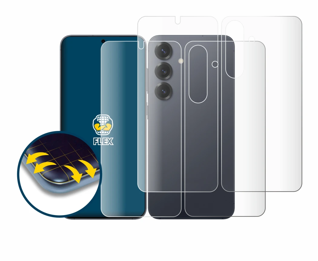 Imagen del dispositivo Samsung Galaxy S25 (Frontal+Trasero) con una amplia variedad de protectores de pantalla.