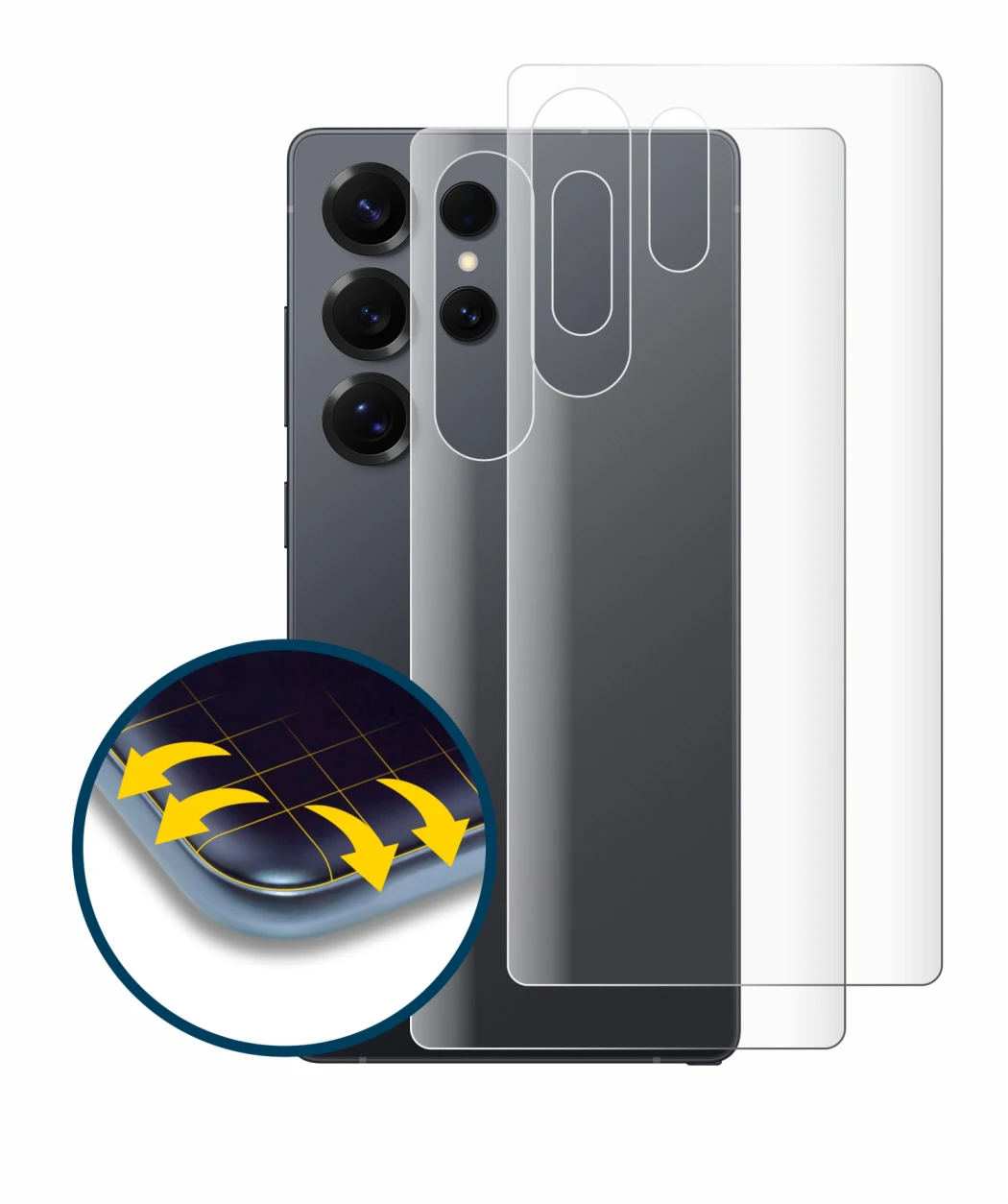 Imagen del dispositivo Samsung Galaxy S25 Ultra Enterprise Edition (Trasero) con una amplia variedad de protectores de pantall