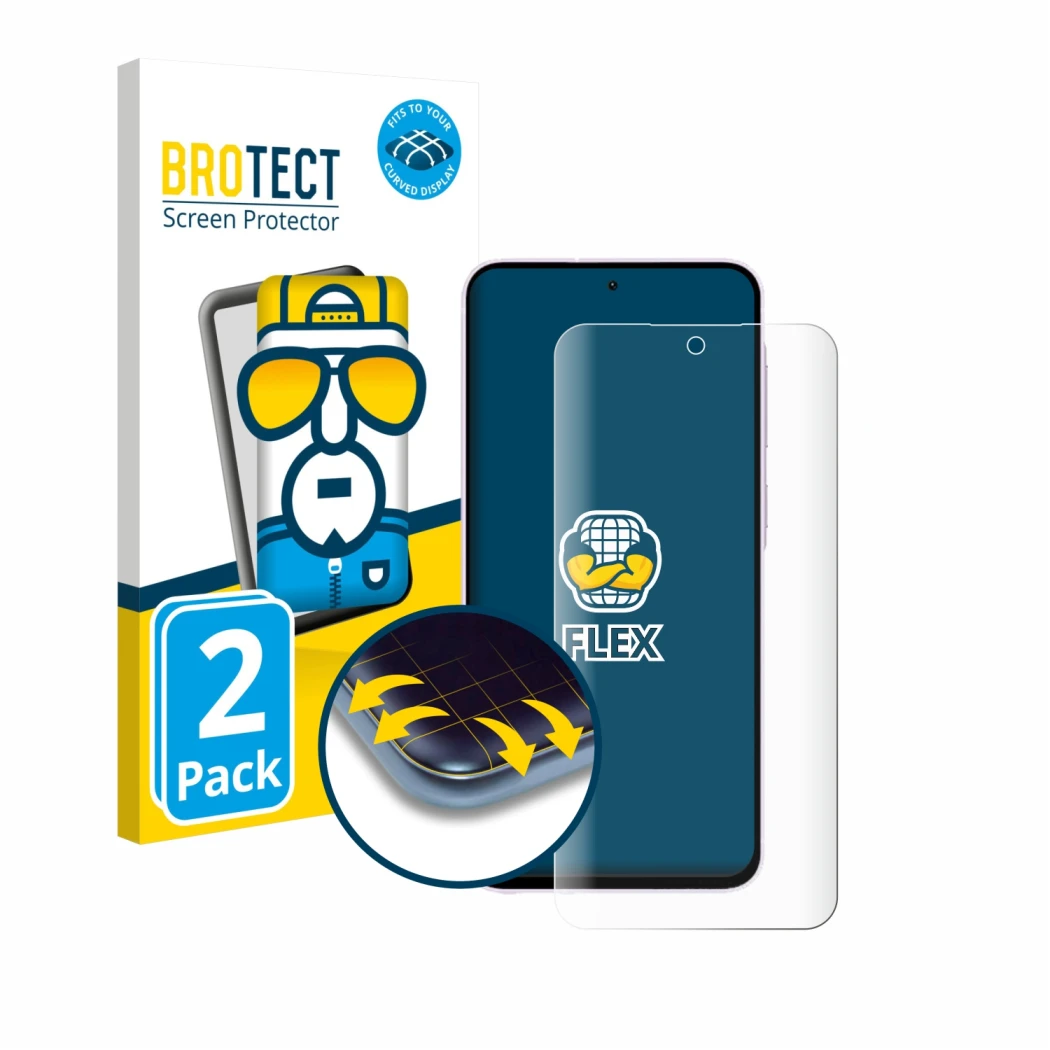 Parte frontal de un envase de producto con el logotipo de la marca BROTECT. Al lado se muestra el dispositivo Samsung Galaxy A