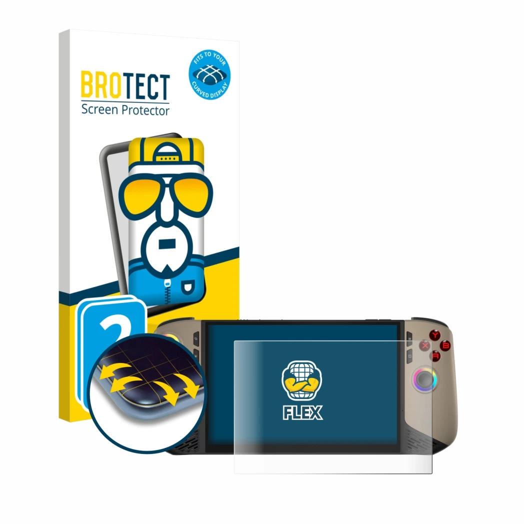 Parte frontal de un envase de producto con el logotipo de la marca BROTECT. Al lado se muestra el dispositivo MSI Claw 8 AI+ c