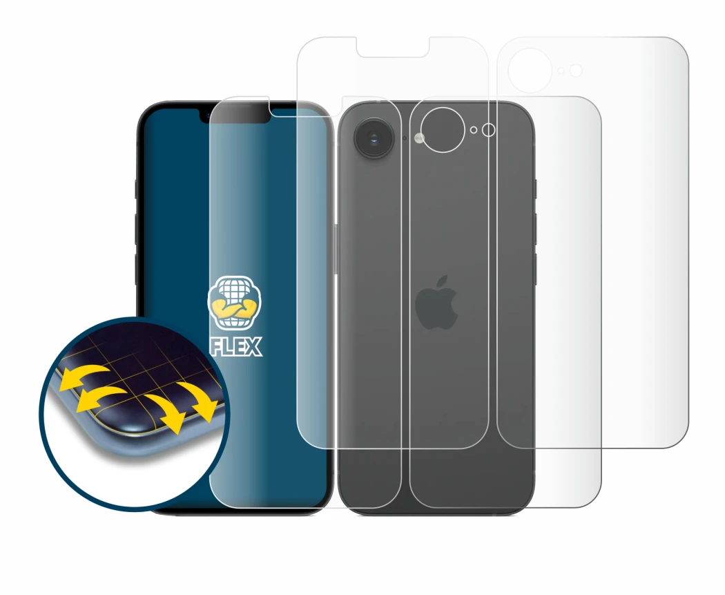 Imagen del dispositivo Apple iPhone 16e (Frontal+Trasero) con una amplia variedad de protectores de pantalla.