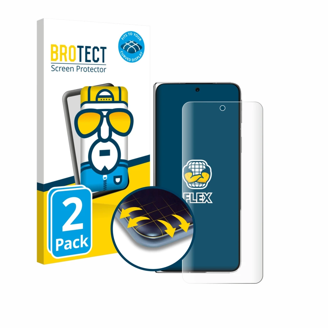 Parte frontal de un envase de producto con el logotipo de la marca BROTECT. Al lado se muestra el dispositivo Oppo Find N5 con