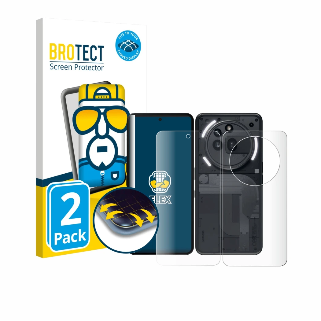 Parte frontal de un envase de producto con el logotipo de la marca BROTECT. Al lado se muestra el dispositivo Nothing Phone (3