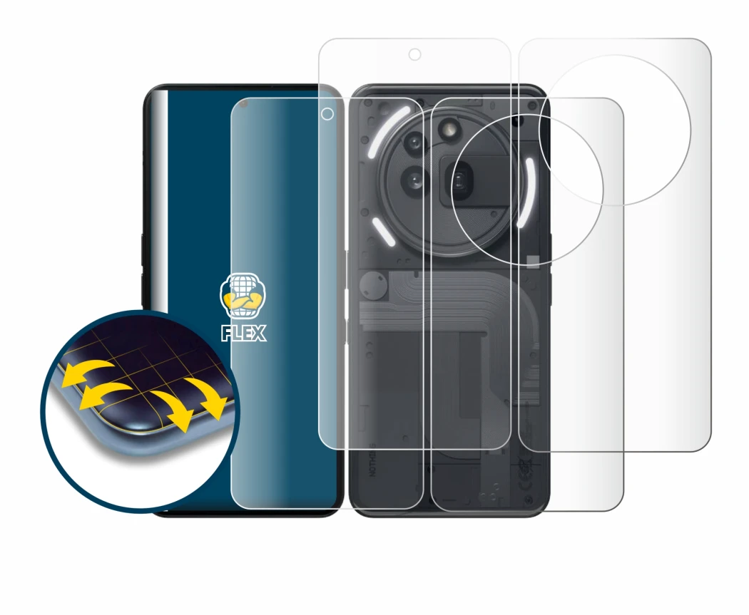 Imagen del dispositivo Nothing Phone (3a) Pro (Frontal+Trasero) con una amplia variedad de protectores de pantalla.