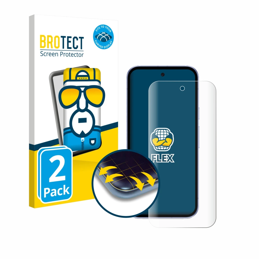 Parte frontal de un envase de producto con el logotipo de la marca BROTECT. Al lado se muestra el dispositivo Google Pixel 9a 