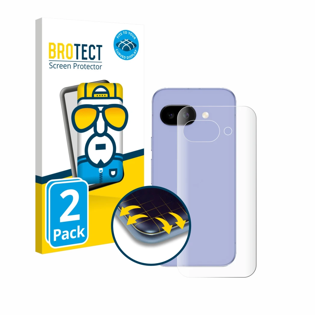 Parte frontal de un envase de producto con el logotipo de la marca BROTECT. Al lado se muestra el dispositivo Google Pixel 9a