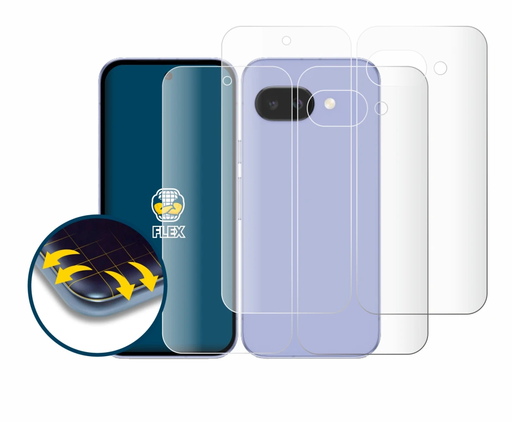 Imagen del dispositivo Google Pixel 9a (Frontal+Trasero) con una amplia variedad de protectores de pantalla.