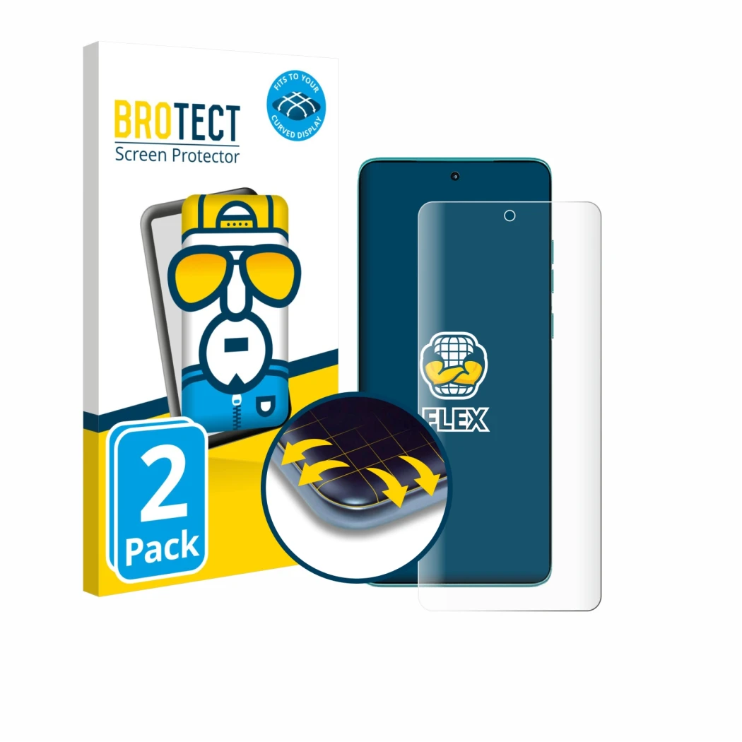 Parte frontal de un envase de producto con el logotipo de la marca BROTECT. Al lado se muestra el dispositivo Motorola Edge 60