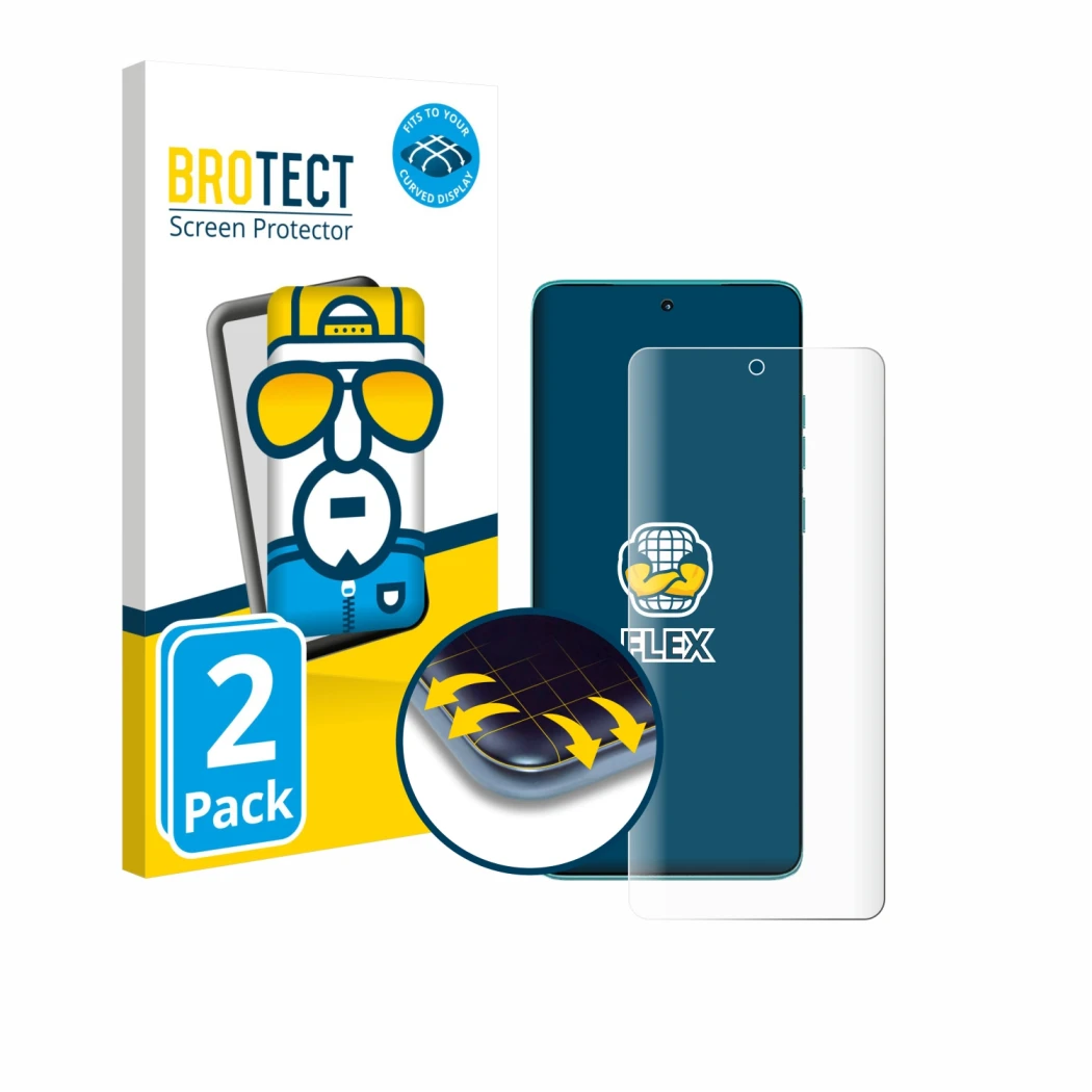 Parte frontal de un envase de producto con el logotipo de la marca BROTECT. Al lado se muestra el dispositivo Motorola Edge 60