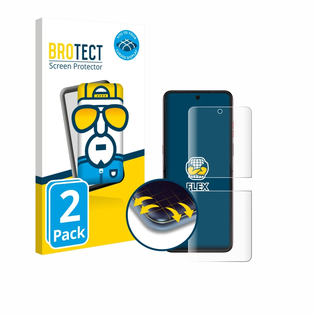 Parte frontal de un envase de producto con el logotipo de la marca BROTECT. Al lado se muestra el dispositivo Motorola Razr 60