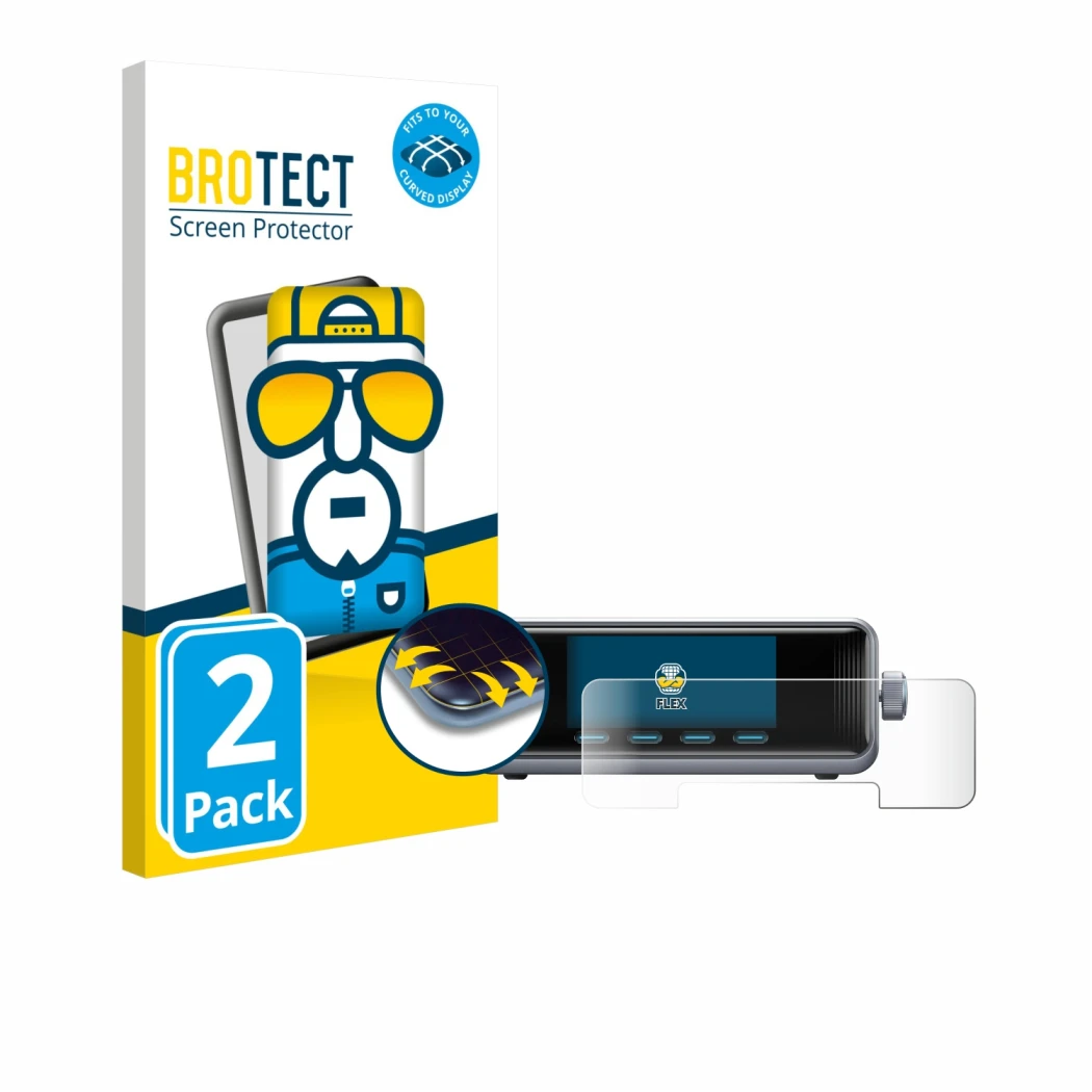 Parte frontal de un envase de producto con el logotipo de la marca BROTECT. Al lado se muestra el dispositivo Anker Prime 250 