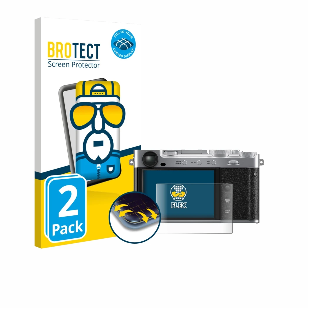 Parte frontal de un envase de producto con el logotipo de la marca BROTECT. Al lado se muestra el dispositivo Fujifilm X-E5 co