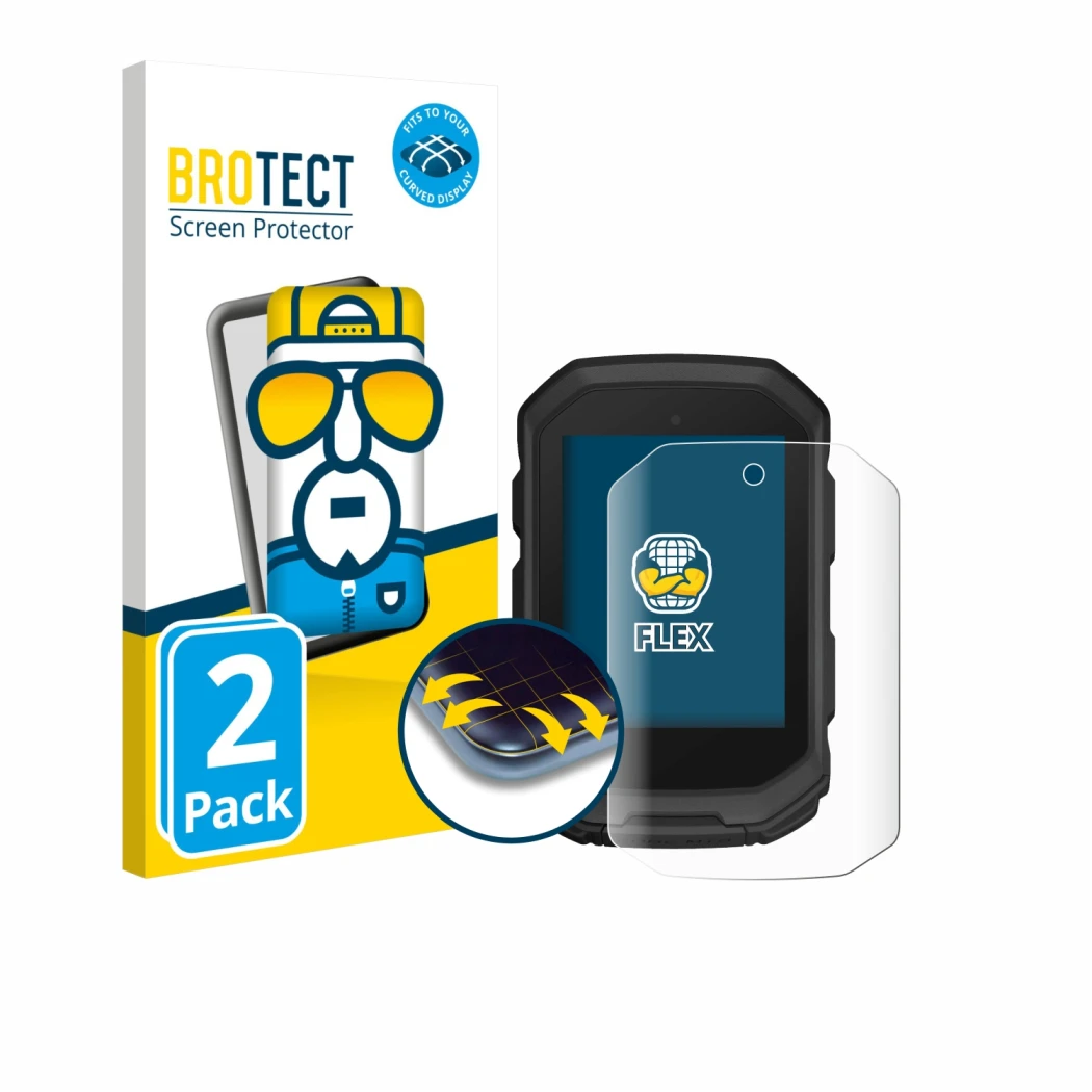 Parte frontal de un envase de producto con el logotipo de la marca BROTECT. Al lado se muestra el dispositivo Garmin Edge MTB