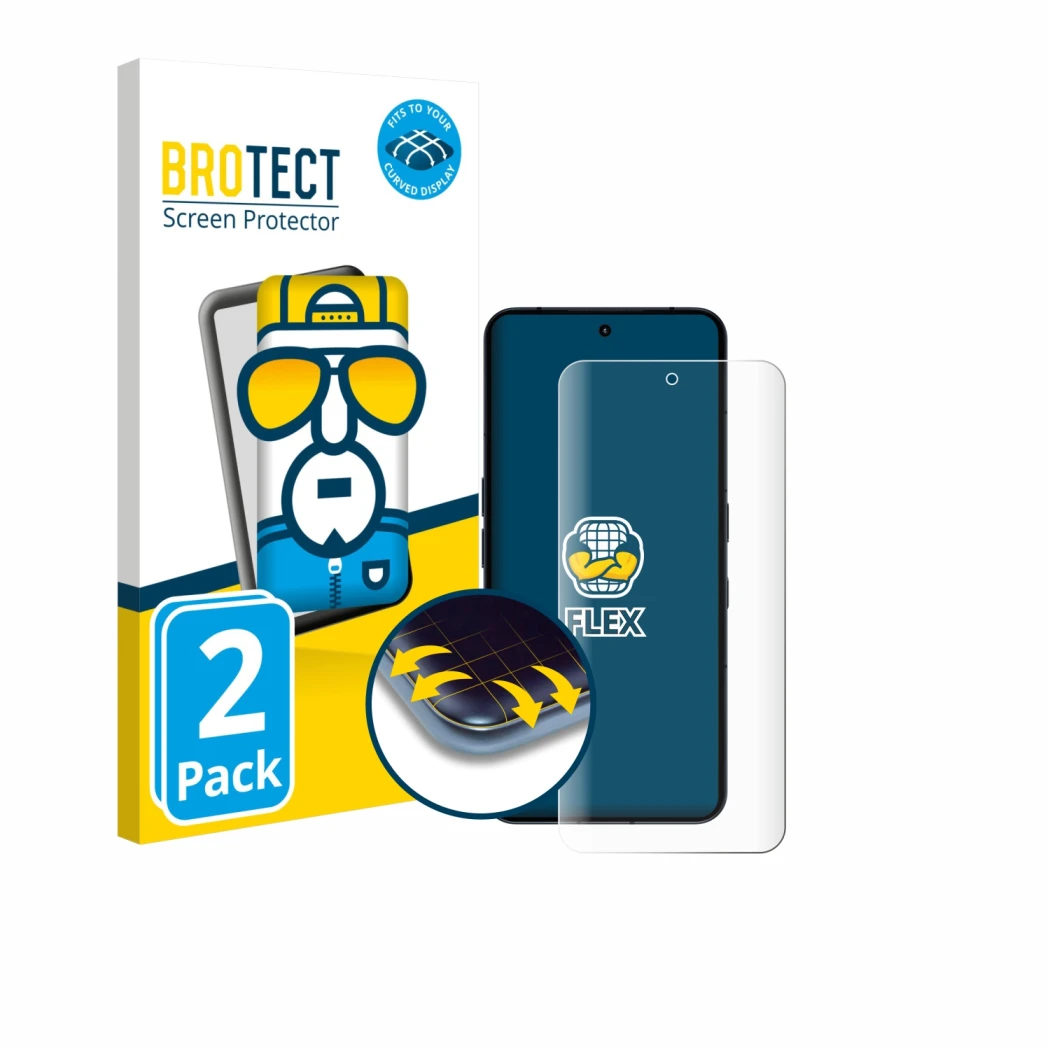 Parte frontal de un envase de producto con el logotipo de la marca BROTECT. Al lado se muestra el dispositivo Nothing Phone (3