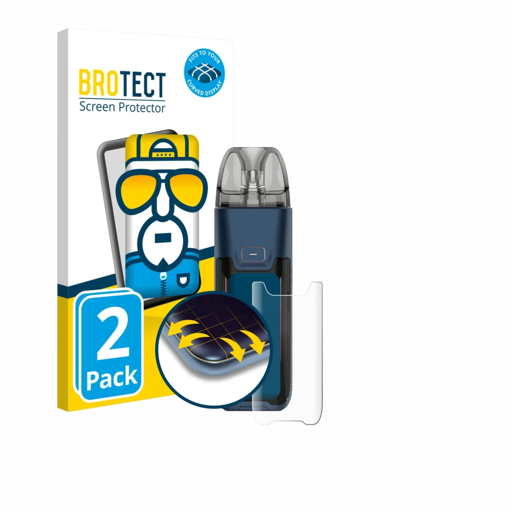 Parte frontal de un envase de producto con el logotipo de la marca BROTECT. Al lado se muestra el dispositivo Vaporesso Luxe X