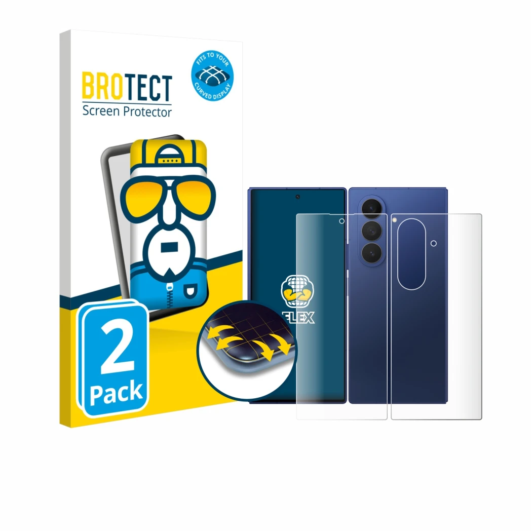 Parte frontal de un envase de producto con el logotipo de la marca BROTECT. Al lado se muestra el dispositivo Samsung Galaxy Z