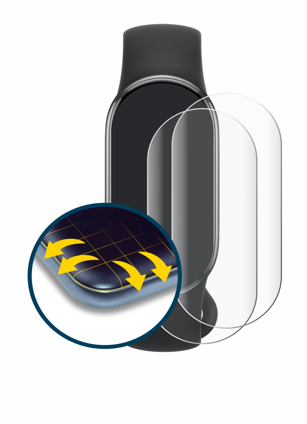 Imagen del dispositivo Xiaomi Smart Band 10 con una amplia variedad de protectores de pantalla.