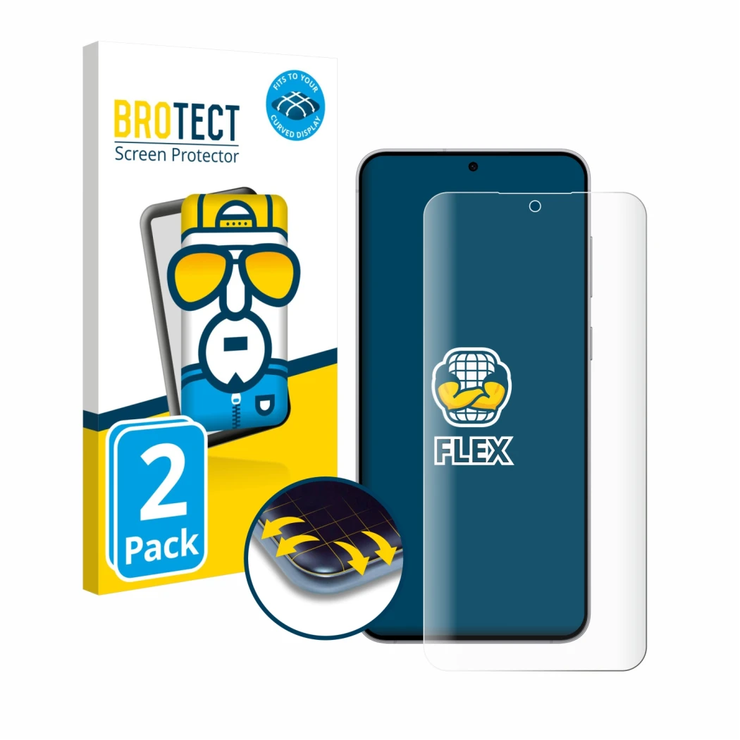 Parte frontal de un envase de producto con el logotipo de la marca BROTECT. Al lado se muestra el dispositivo Samsung Galaxy S