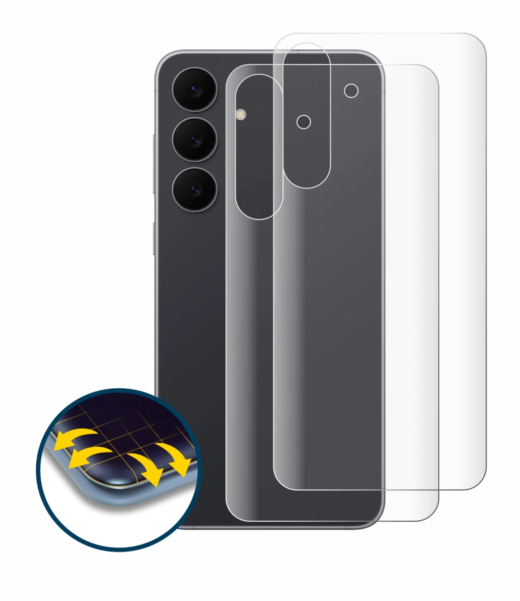 Imagen del dispositivo Samsung Galaxy S25 FE (Trasero) con una amplia variedad de protectores de pantalla.