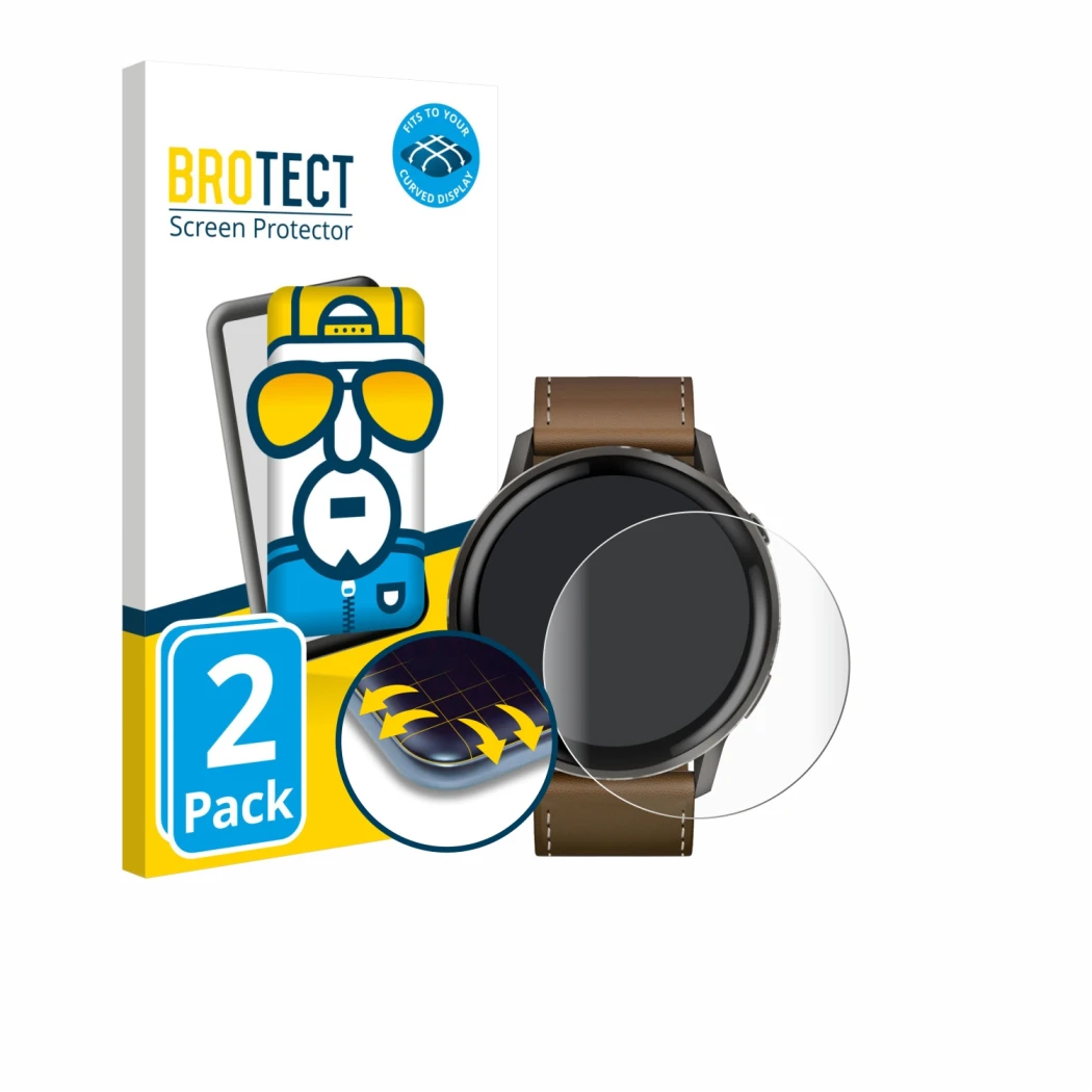 Parte frontal de un envase de producto con el logotipo de la marca BROTECT. Al lado se muestra el dispositivo Garmin Venu 4 (4