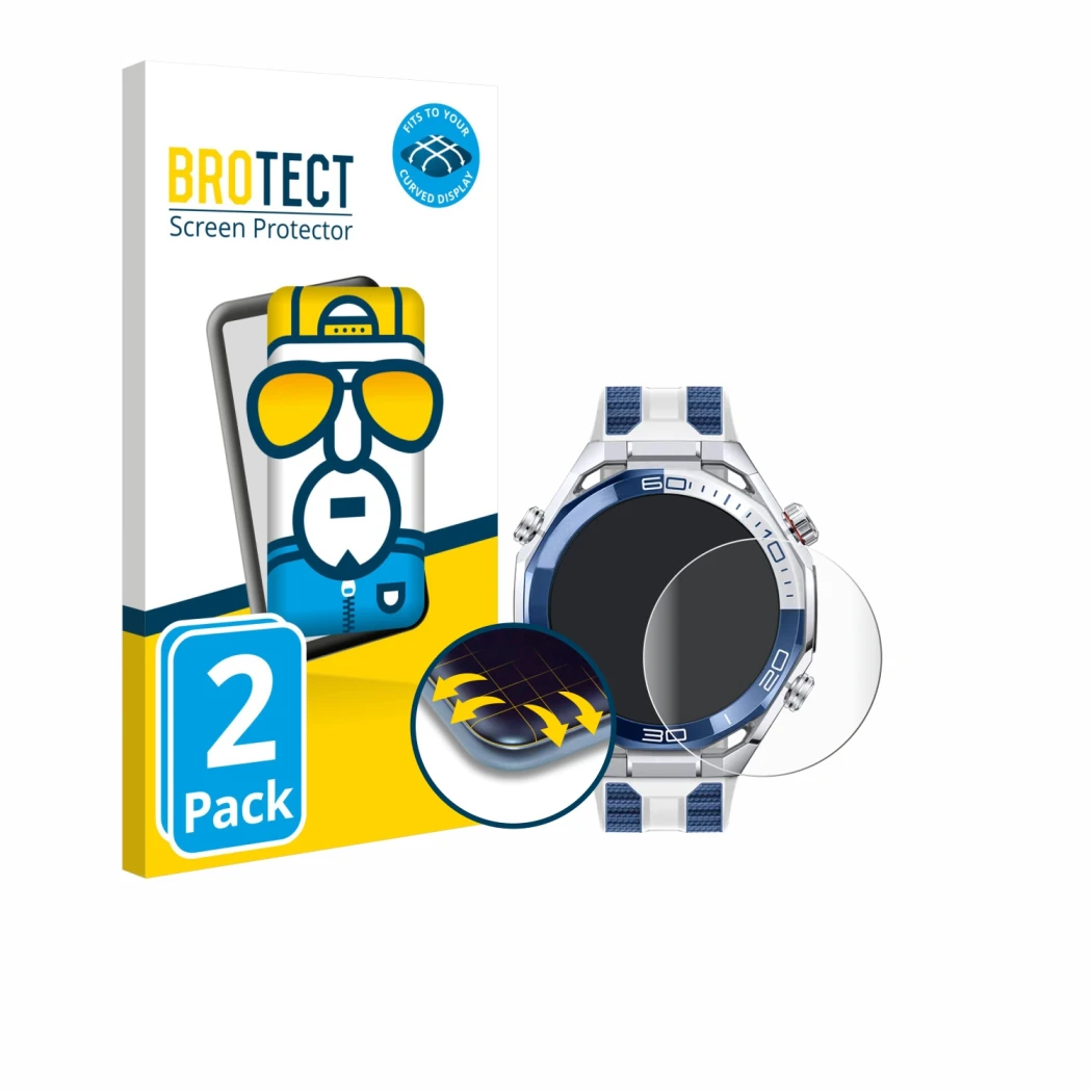 Parte frontal de un envase de producto con el logotipo de la marca BROTECT. Al lado se muestra el dispositivo Huawei Watch Ult