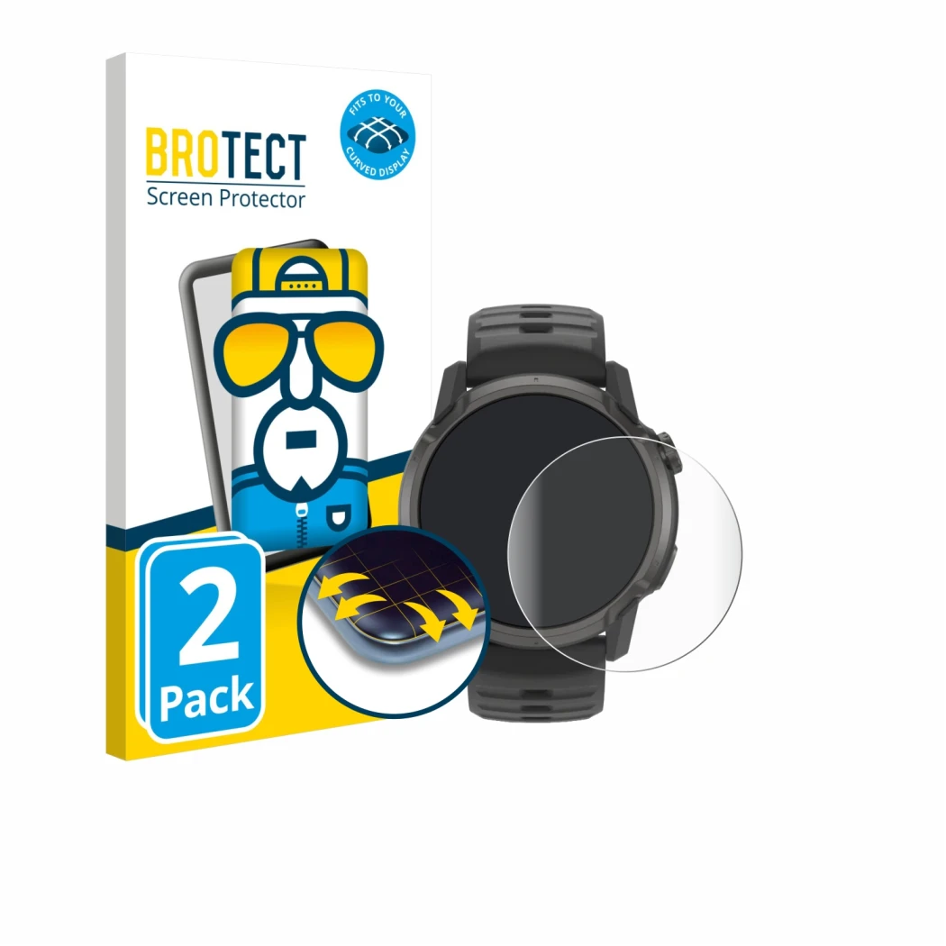 Parte frontal de un envase de producto con el logotipo de la marca BROTECT. Al lado se muestra el dispositivo Coros Apex 4 (42