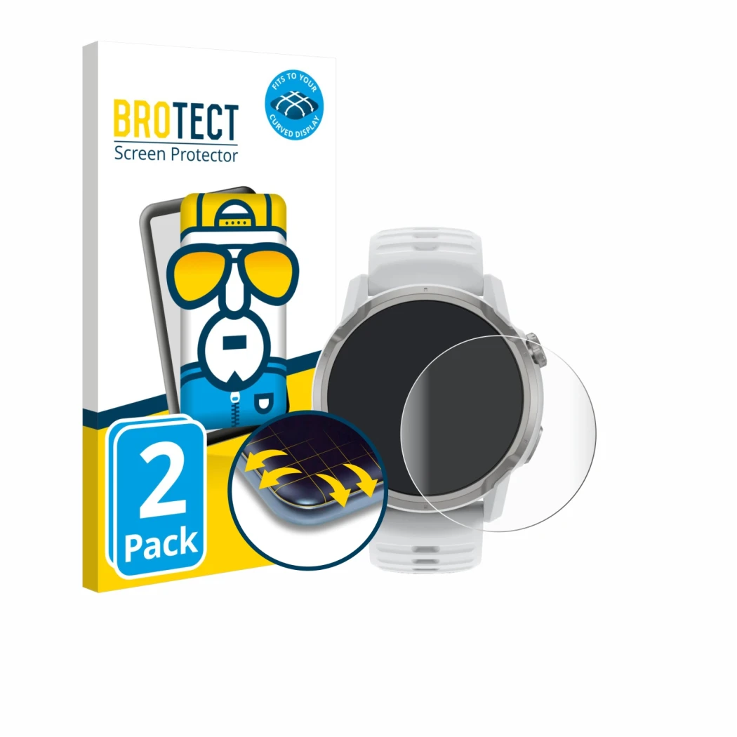 Parte frontal de un envase de producto con el logotipo de la marca BROTECT. Al lado se muestra el dispositivo Coros Apex 4 (46