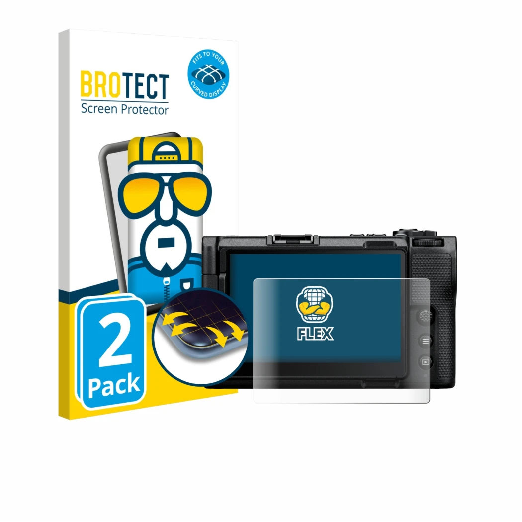 Parte frontal de un envase de producto con el logotipo de la marca BROTECT. Al lado se muestra el dispositivo Nikon ZR con su 