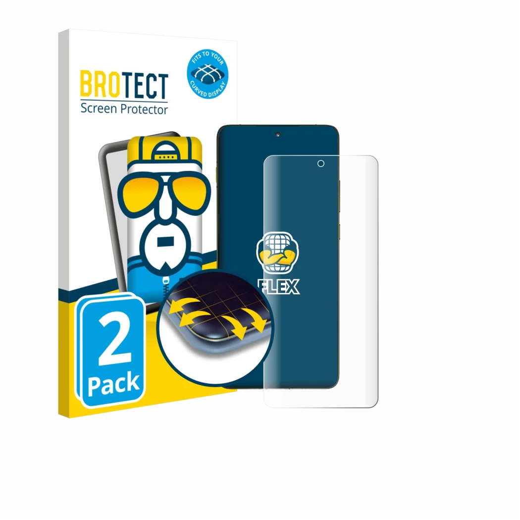 Parte frontal de un envase de producto con el logotipo de la marca BROTECT. Al lado se muestra el dispositivo Motorola Edge 70