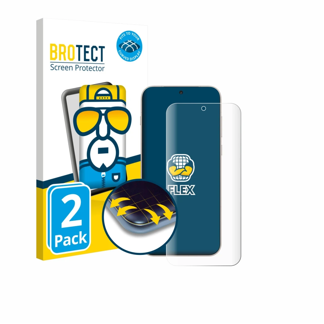 Parte frontal de un envase de producto con el logotipo de la marca BROTECT. Al lado se muestra el dispositivo OnePlus 15 con s