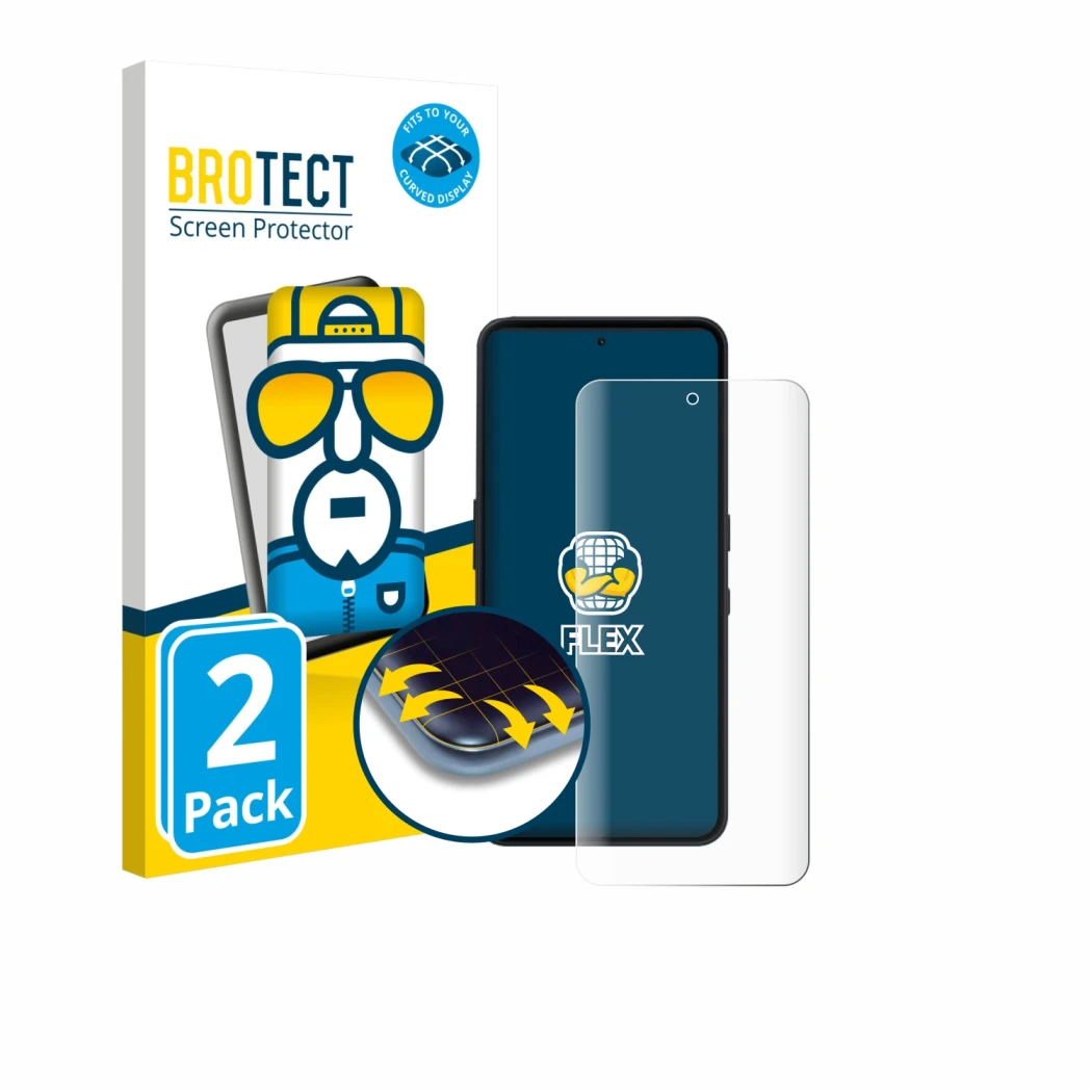 Parte frontal de un envase de producto con el logotipo de la marca BROTECT. Al lado se muestra el dispositivo Nothing Phone (3