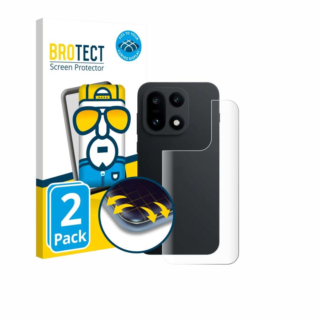 Parte frontal de un envase de producto con el logotipo de la marca BROTECT. Al lado se muestra el dispositivo OnePlus 15 (Tras