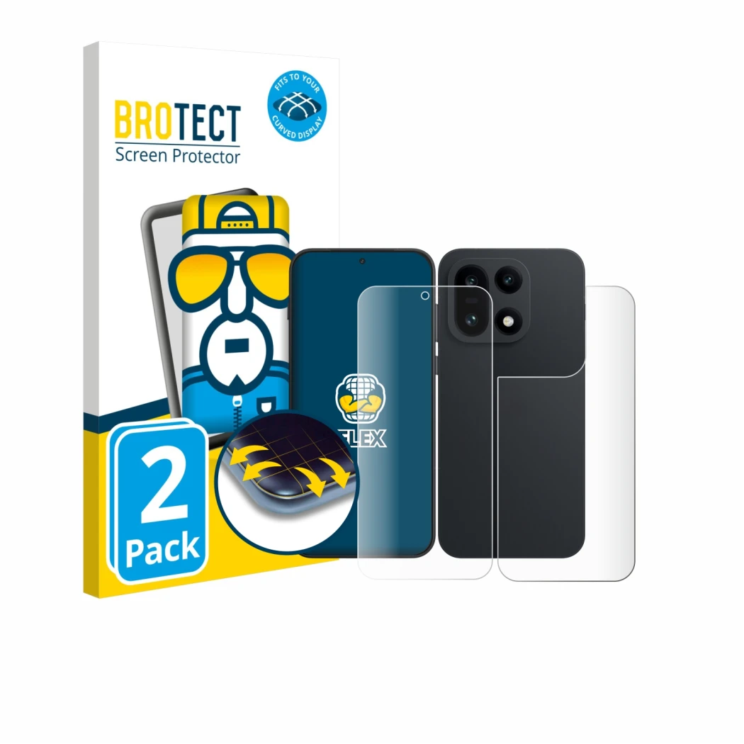 Parte frontal de un envase de producto con el logotipo de la marca BROTECT. Al lado se muestra el dispositivo OnePlus 15 (Fron