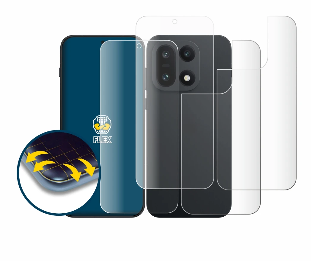 Imagen del dispositivo OnePlus 15 (Frontal+Trasero) con una amplia variedad de protectores de pantalla.