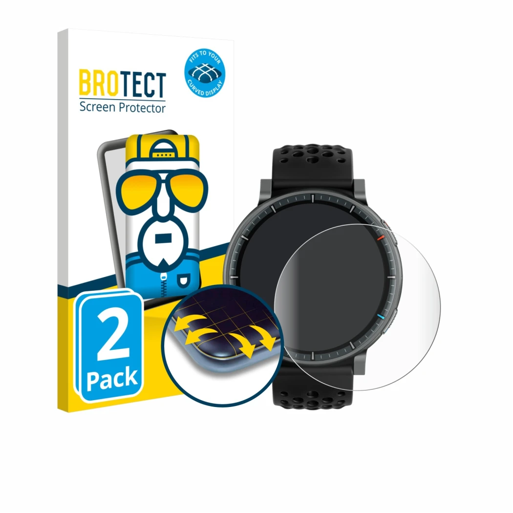 Parte frontal de un envase de producto con el logotipo de la marca BROTECT. Al lado se muestra el dispositivo Amazfit Active M