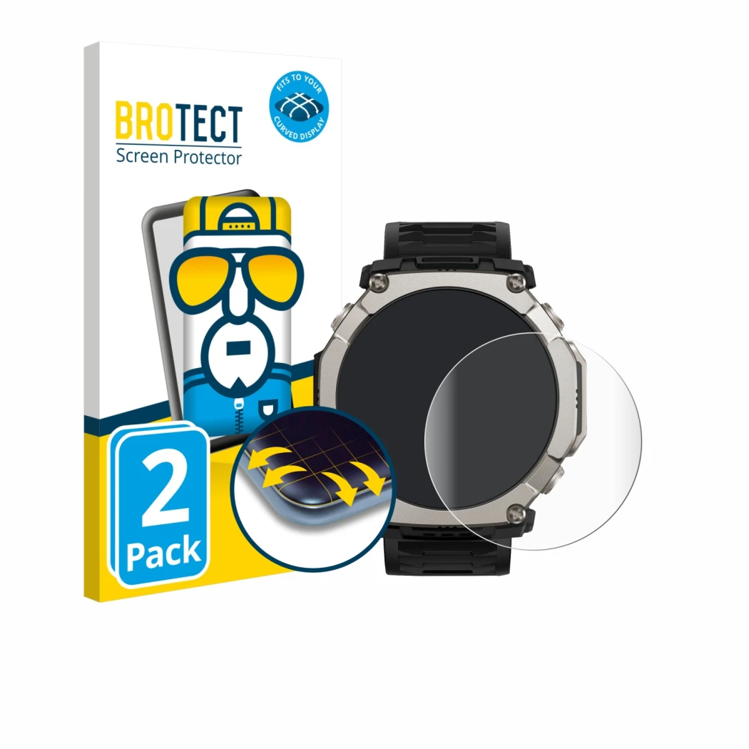 Parte frontal de un envase de producto con el logotipo de la marca BROTECT. Al lado se muestra el dispositivo Huami Amazfit T-