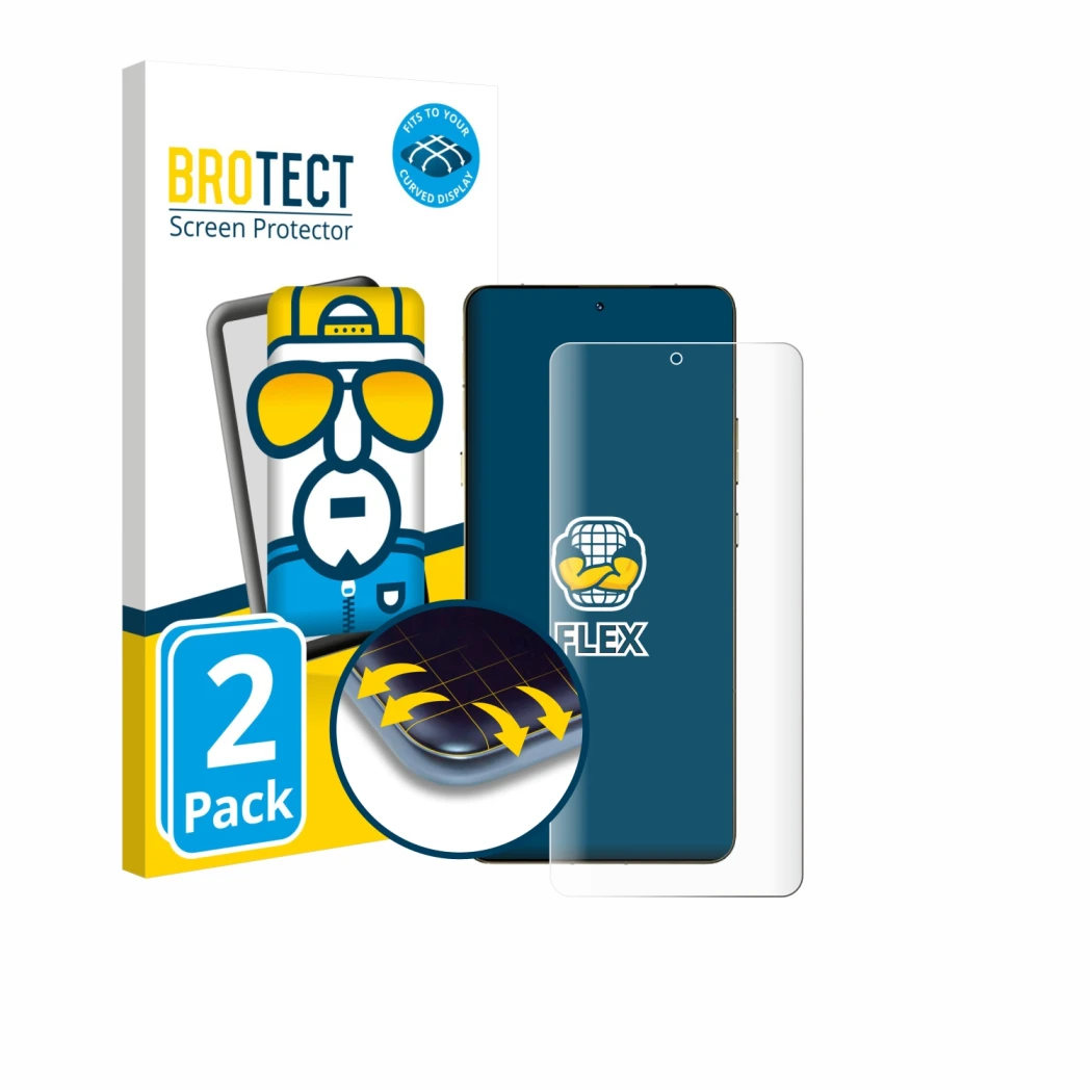 Parte frontal de un envase de producto con el logotipo de la marca BROTECT. Al lado se muestra el dispositivo Motorola Signatu