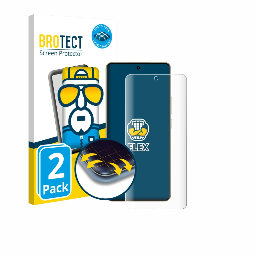 Parte frontal de un envase de producto con el logotipo de la marca BROTECT. Al lado se muestra el dispositivo realme 16 Pro Pl
